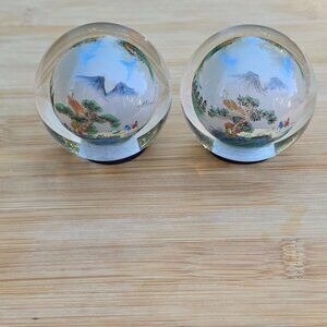 Two Chinese Reverse Painted Glass Globe Orb Paperweight Landscape Scene 2"